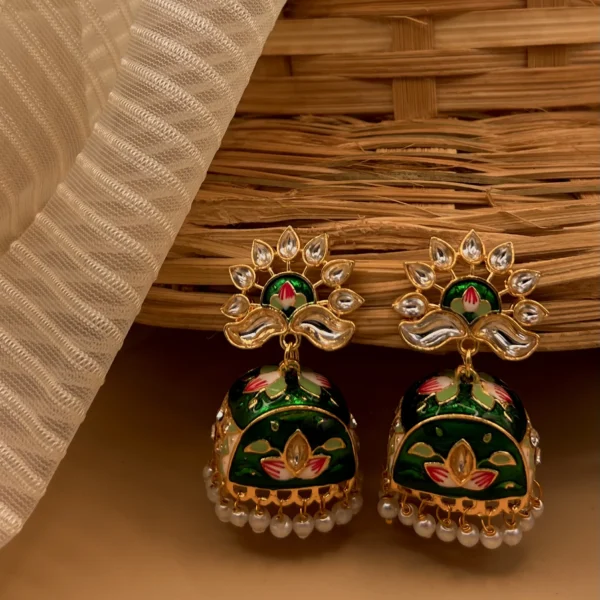 Ruhaniyat Panna - Mehendi Polish Enameled Bell Jhumka