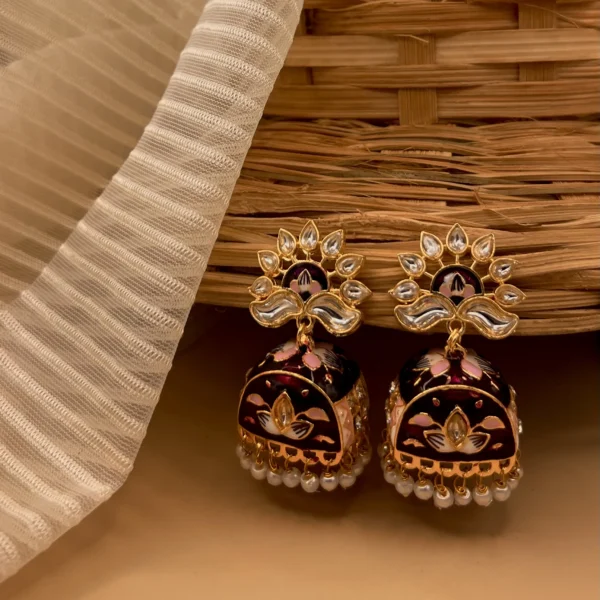 Ruhaniyat Mehroon - Mehendi Polish Enameled Bell Jhumka