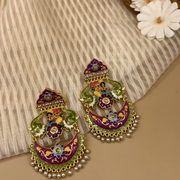 Swayamvar Harit - Mehendi Polish Enameled Yugal Chandelier Earring