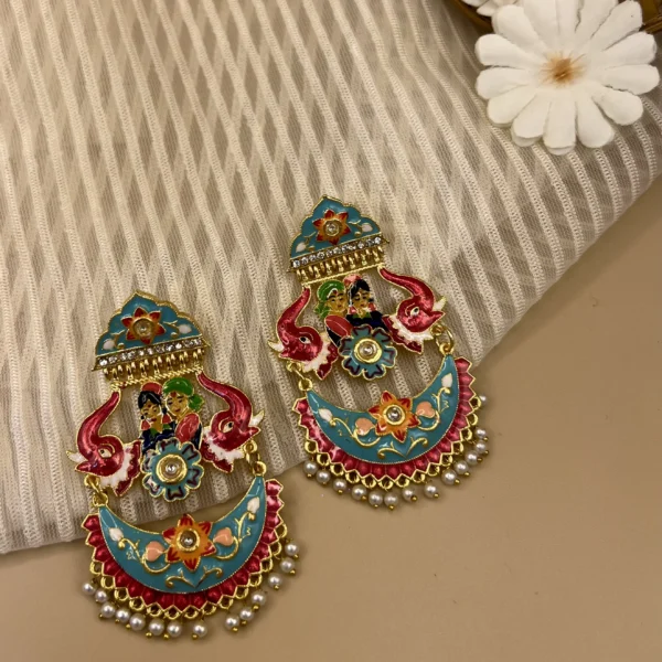 Swayamvar Firozi - Mehendi Polish Enameled Yugal Chandelier Earring